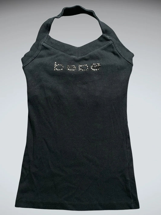 front view, Bebe Rhinestone Logo Halter Top, vintage Y2K second hand piece