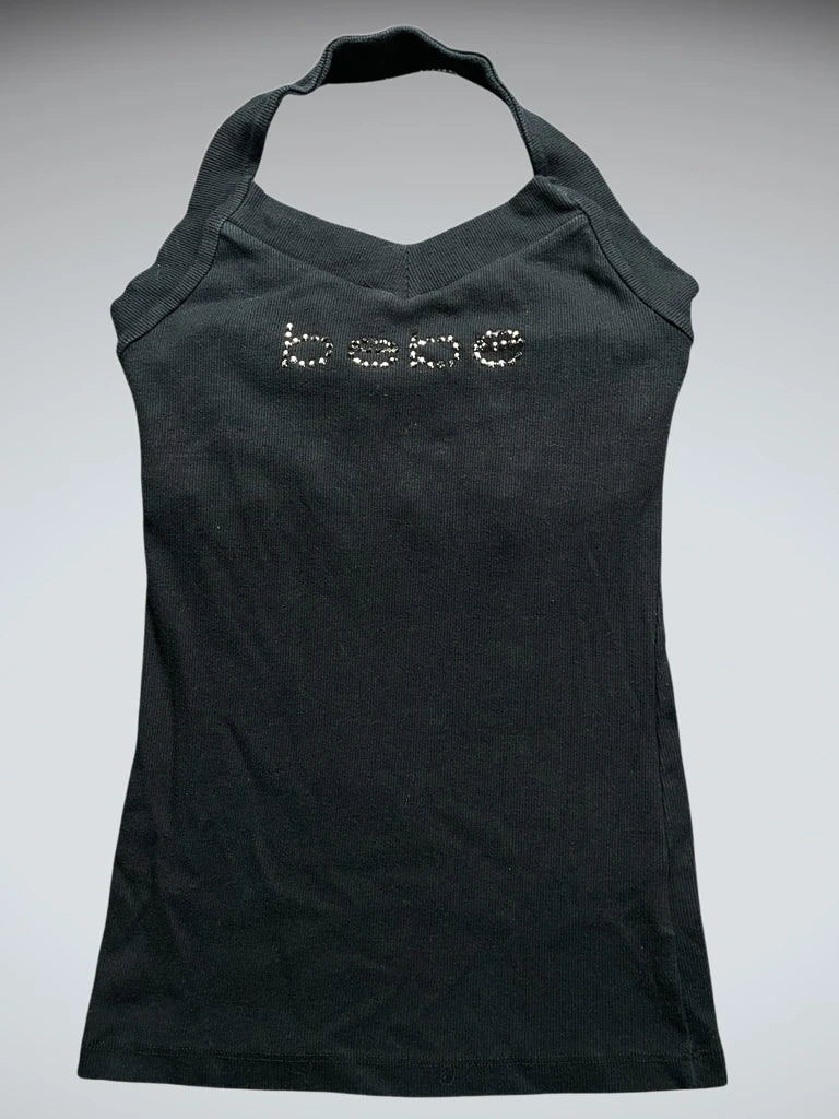 front view, Bebe Rhinestone Logo Halter Top, vintage Y2K second hand piece
