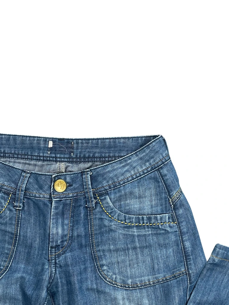 detail view, Blue Flared Denim Jeans, vintage Y2K second hand piece