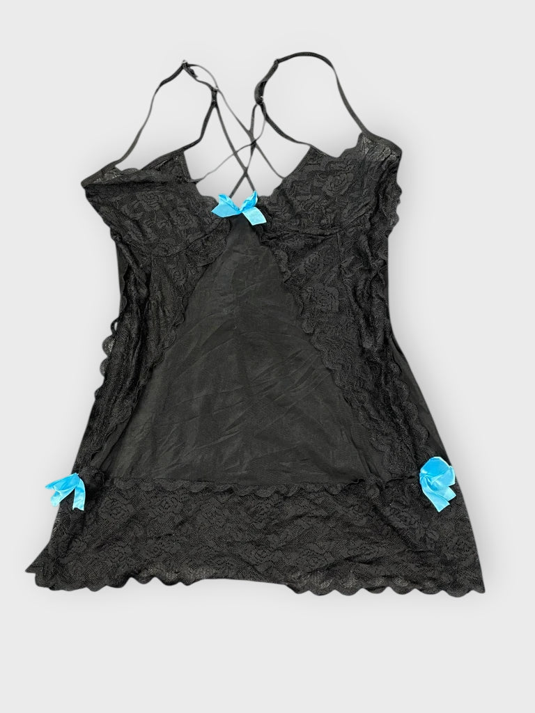 front view, Black Lace Slip Dress with Blue Bows, vintage Y2K second hand piece