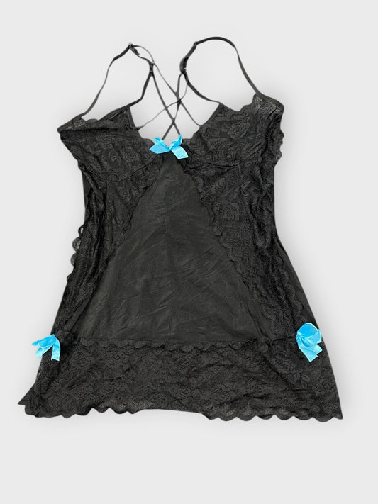 front view, Black Lace Slip Dress with Blue Bows, vintage Y2K second hand piece