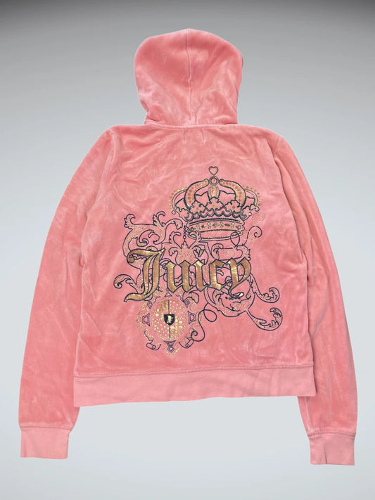 front view, Juicy Couture Pink Velour Crown Zip Hoodie, vintage Y2K second hand piece