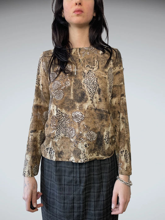 front view, Evidence Leopard Print Long Sleeve Top, vintage Y2K second hand piece