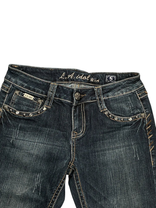 back view, LA Idol USA Dark Wash Embellished Flare Jeans, vintage Y2K second hand piece