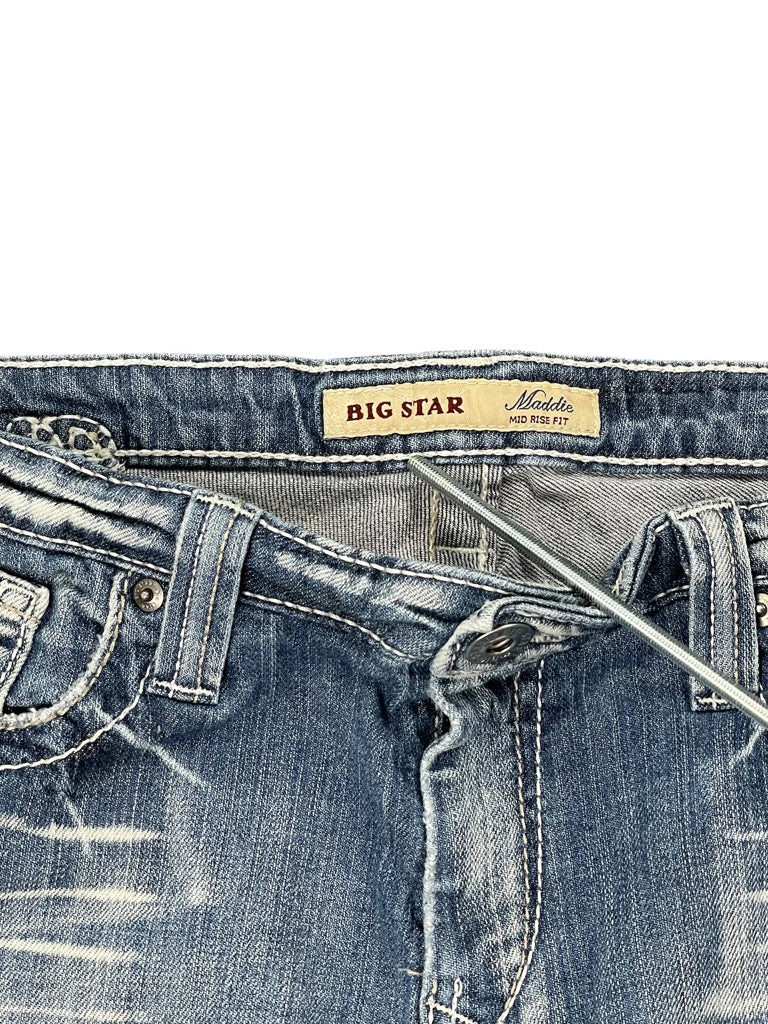 detail view, Big Star Light Blue Faded Denim Mini Skirt with Embroidered Back Pockets, vintage Y2K second hand piece