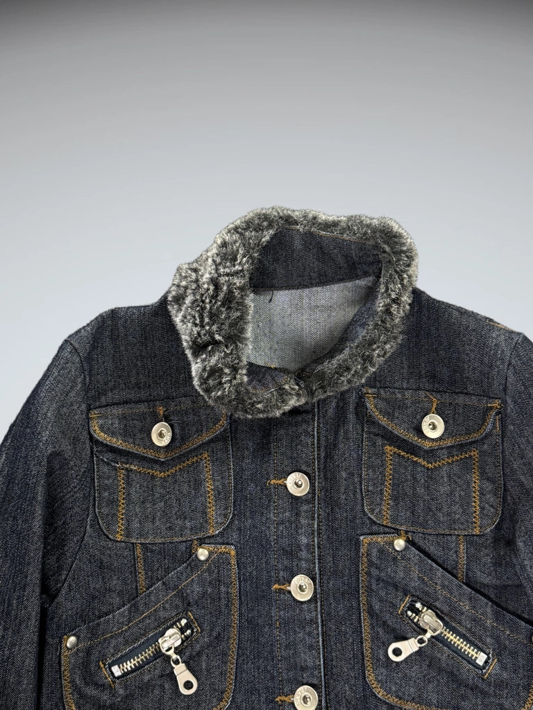 detail view, Ultima Faux Fur Collar Denim Jacket Women, vintage Y2K second hand piece
