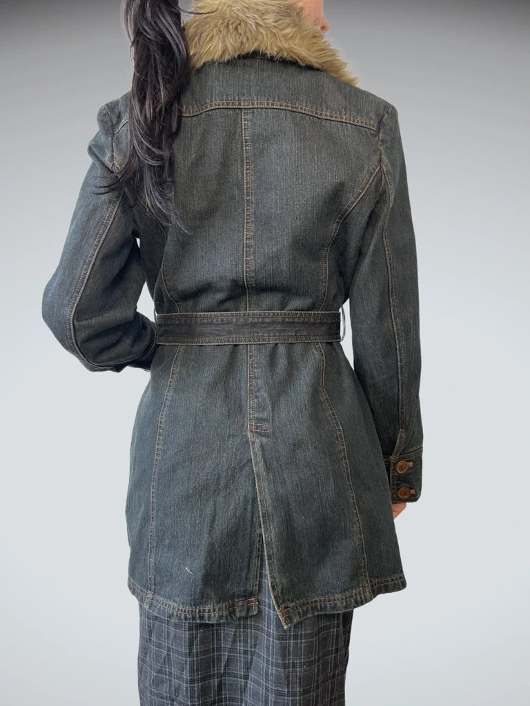 back view, M LL Jeans Jacket with Fur, vintage Y2K second hand piece