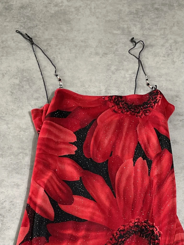 detail view, Double Fault floral red dream dress, vintage Y2K second hand piece, image 4