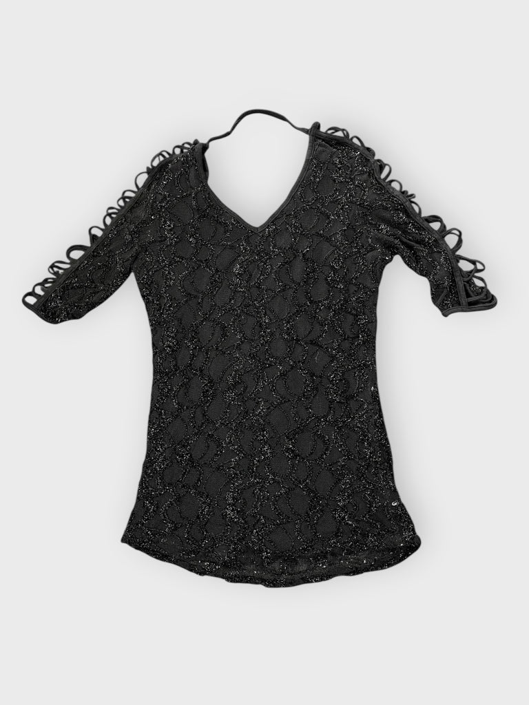 back view, Black Lace Cutout Sleeve Evening Top, vintage Y2K second hand piece