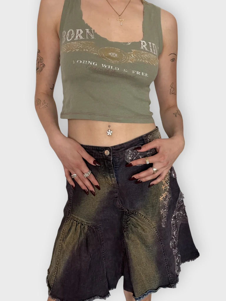 front view, Mötivi Jeans Blue Washed Midi Skirt with Silver Detail, vintage Y2K second hand piece
