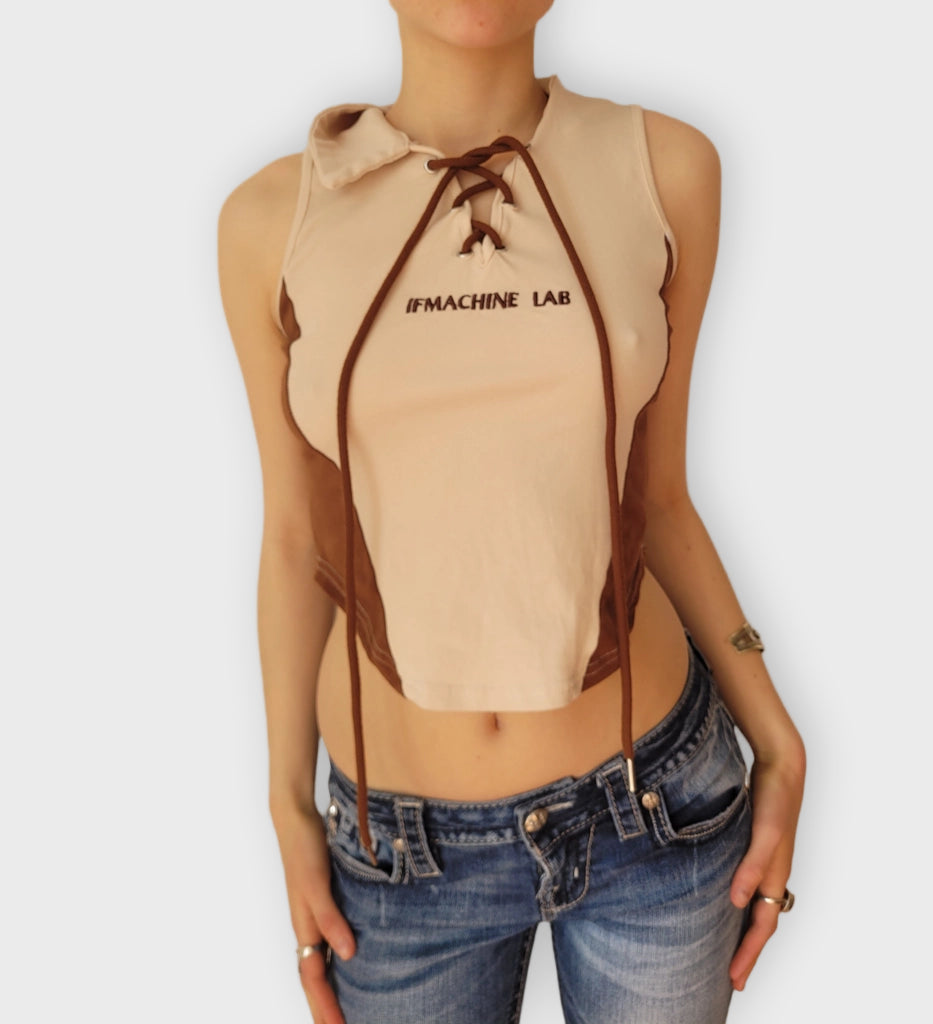 front view, HW Vogue Fashion Two Tone Lace Up Crop Top Brown Beige, vintage Y2K second hand piece