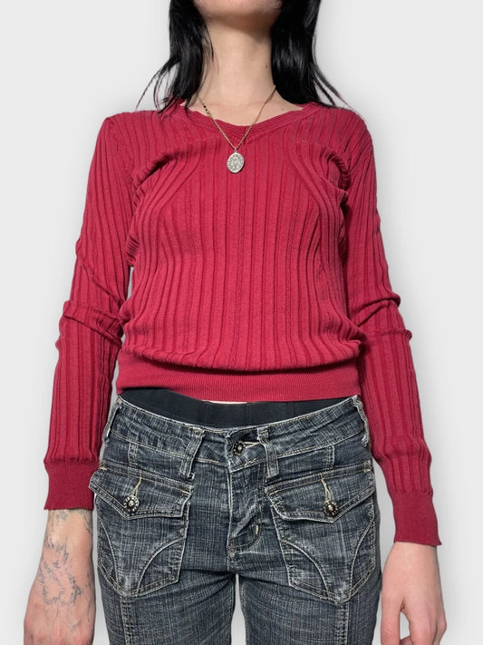 front view, Cabi Red V-Neck Jumper, vintage Y2K second hand piece