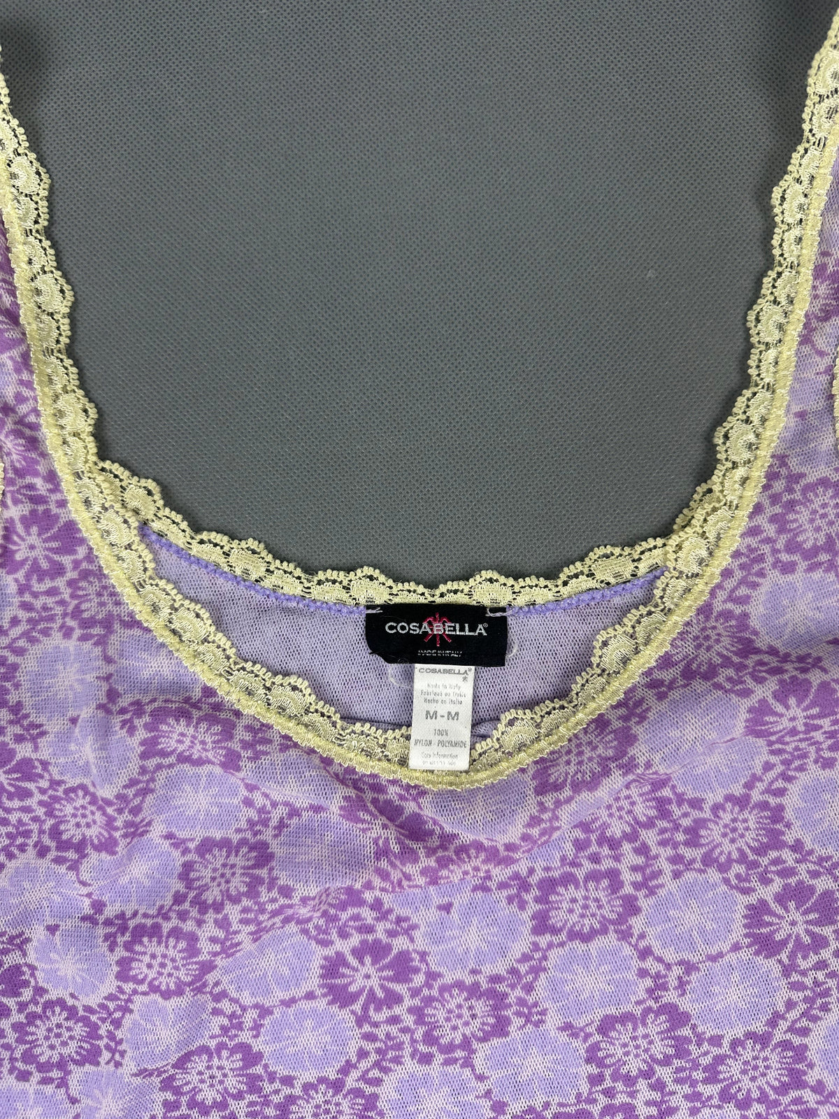 detail view, COSABELLA Lilac Floral Lace Trimmed Tank Top (M-M), vintage Y2K second hand piece, image 5