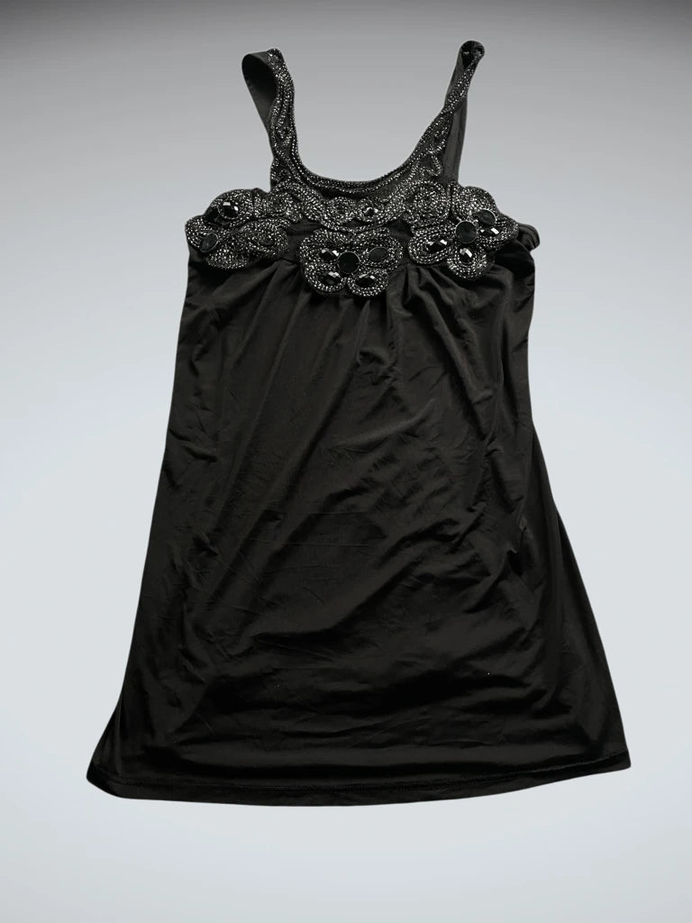 detail view, Finesse Black Beaded Floral Camisole, vintage Y2K second hand piece