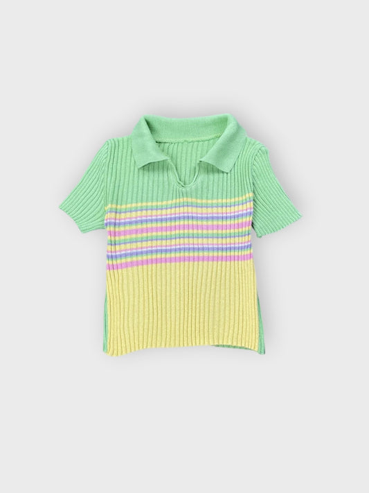 front view, Pastel Green Multicolor Striped Polo Knit Top, vintage Y2K second hand piece