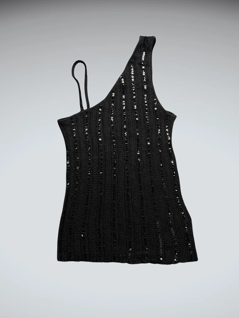 front view, Sart Set Black One-Shoulder Sequin Knit Top, vintage Y2K second hand piece