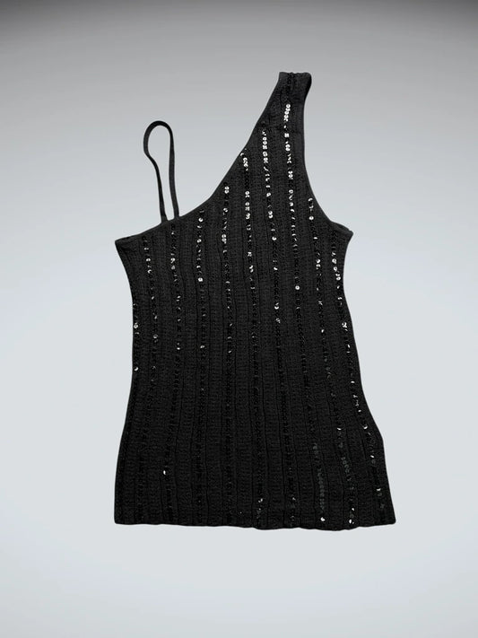 front view, Sart Set Black One-Shoulder Sequin Knit Top, vintage Y2K second hand piece