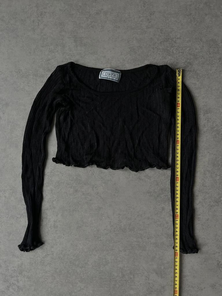 detail view, Onyx Y2K Black Sheer Sleeve Top, vintage Y2K second hand piece, image 9
