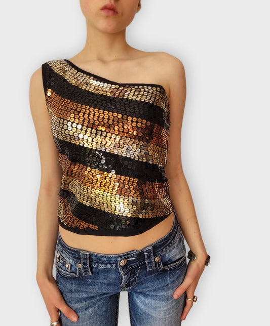 front view, Striking One-Shoulder Sequin Top Black Gold Bronze Stripes, vintage Y2K second hand piece