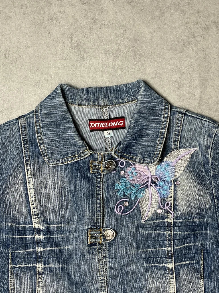 detail view, Ditelong Flower Jeans Jacket, vintage Y2K second hand piece