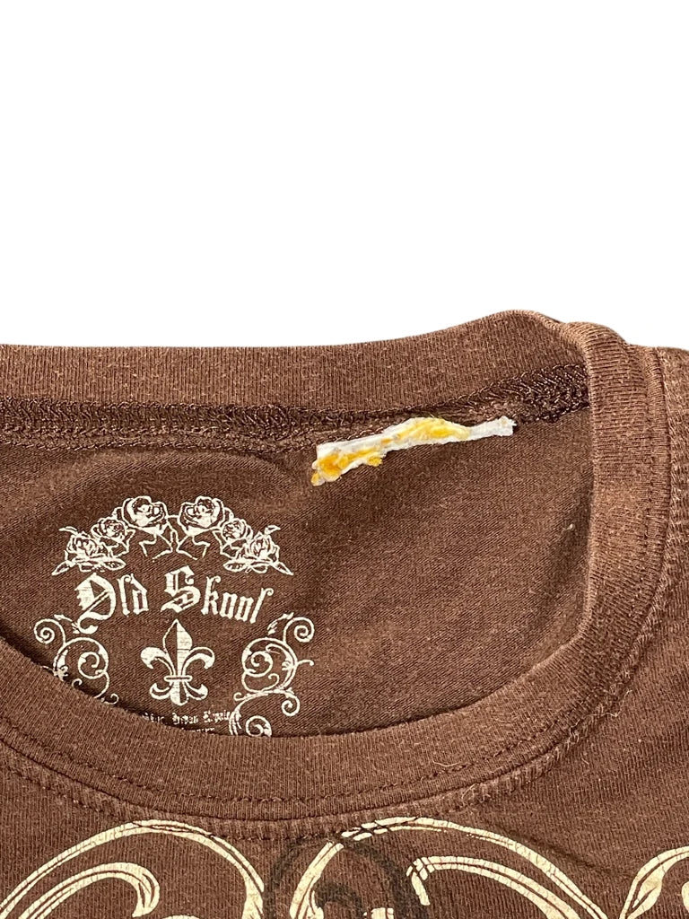 detail view, Old Skool Brown Graphic Y2K Tee, vintage Y2K second hand piece