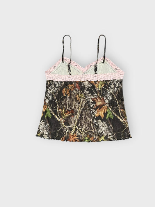 back view, Wildernes Dreams Nature Pattern Lingerie Top with Pink Detail, vintage Y2K second hand piece
