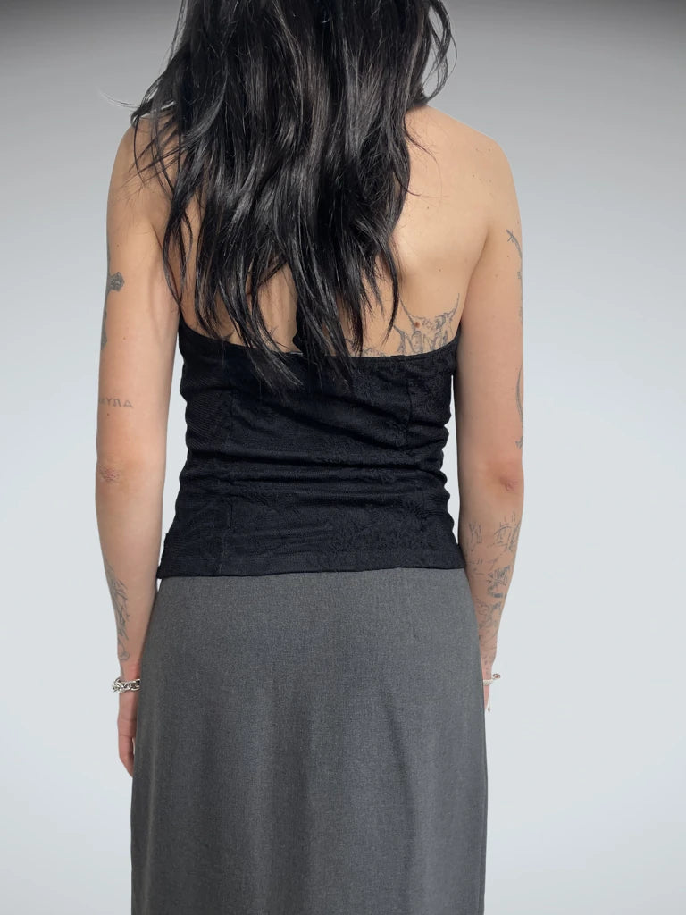 back view, Necessary Objects lace top with neck strings, vintage Y2K second hand piece