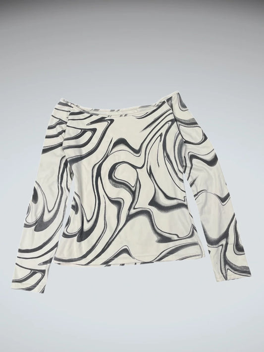 front view, White marble print long sleeve top, vintage Y2K second hand piece