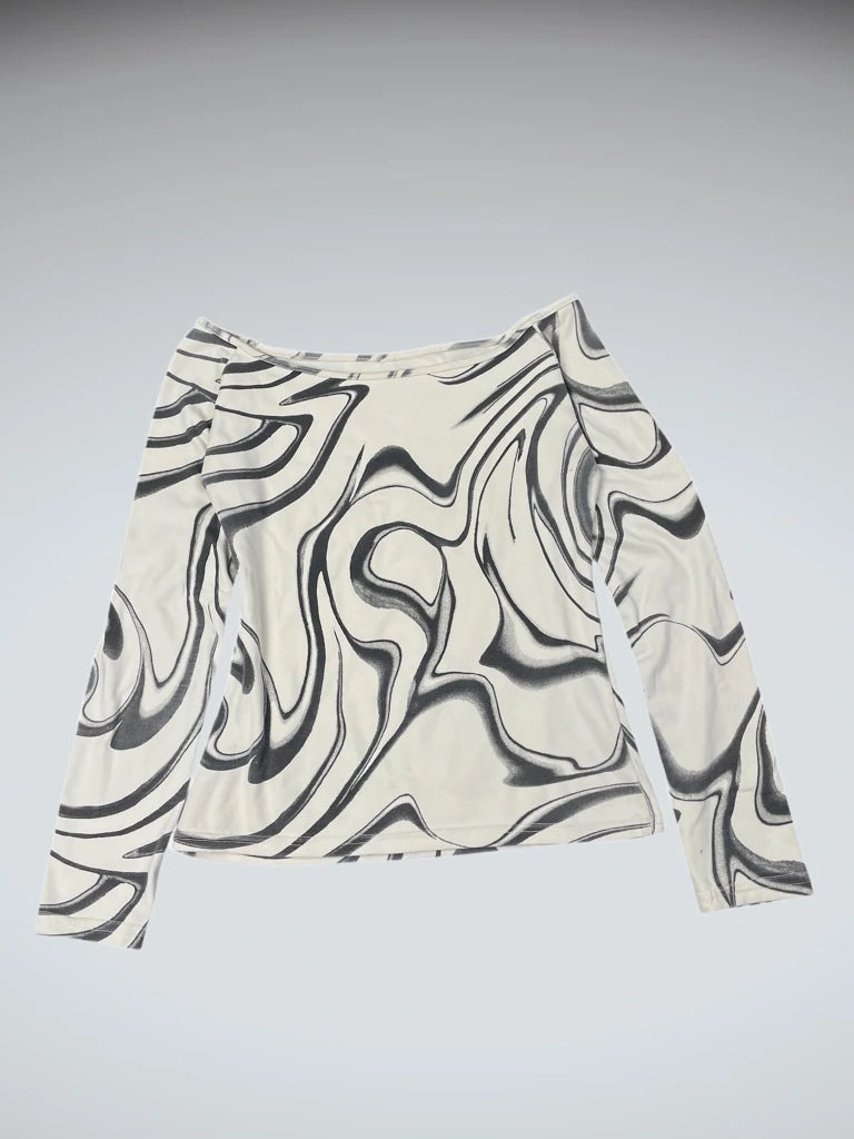 front view, White marble print long sleeve top, vintage Y2K second hand piece