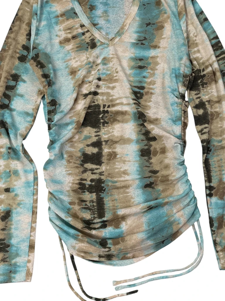 detail view, Karen Kane turquoise washed B-cut top, vintage Y2K second hand piece, image 4