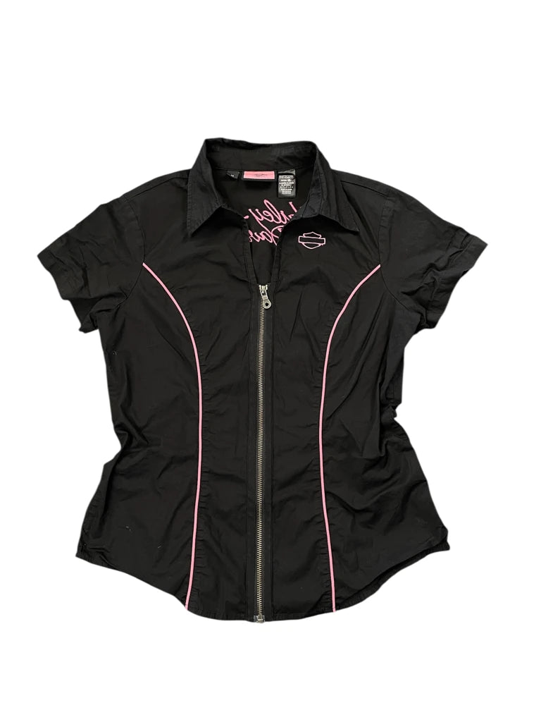 detail view, Harley-Davidson Harley Davidson Black Pink Fitted Biker Shirt, vintage Y2K second hand piece, image 5