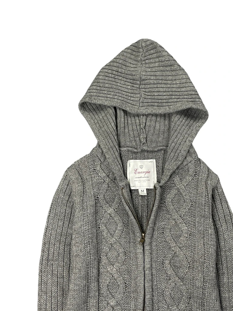detail view, Energie Grey Hooded Cable Knit Zip Sweater, vintage Y2K second hand piece