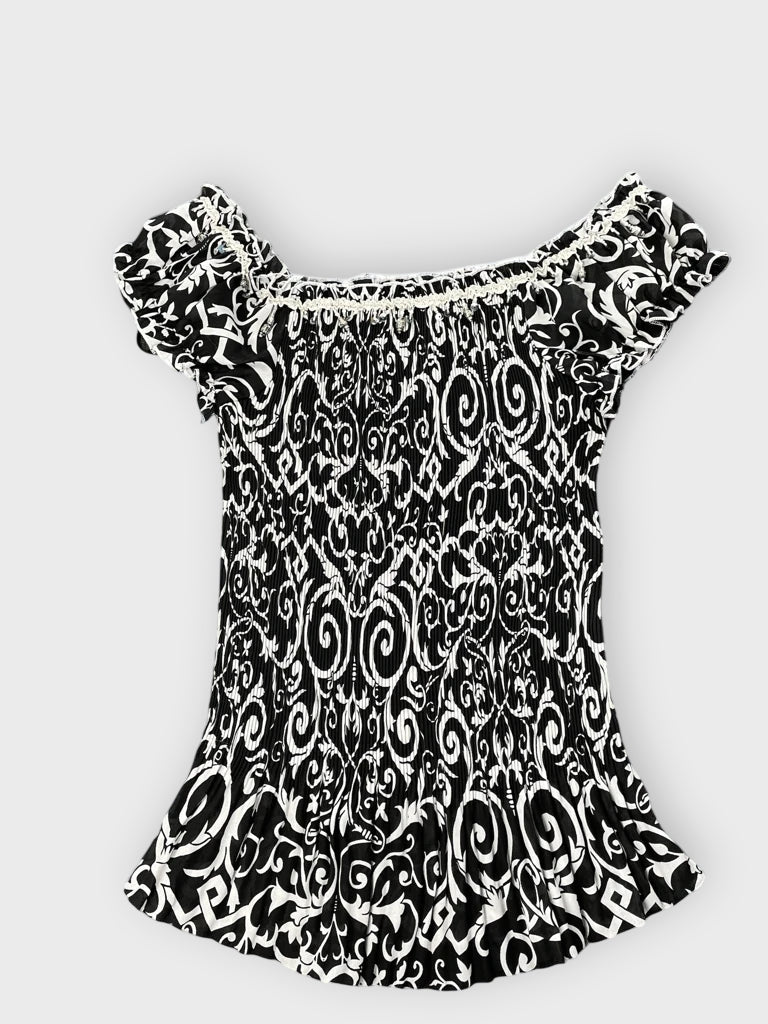 Black White Paisley Off-Shoulder Boho Top (S)
