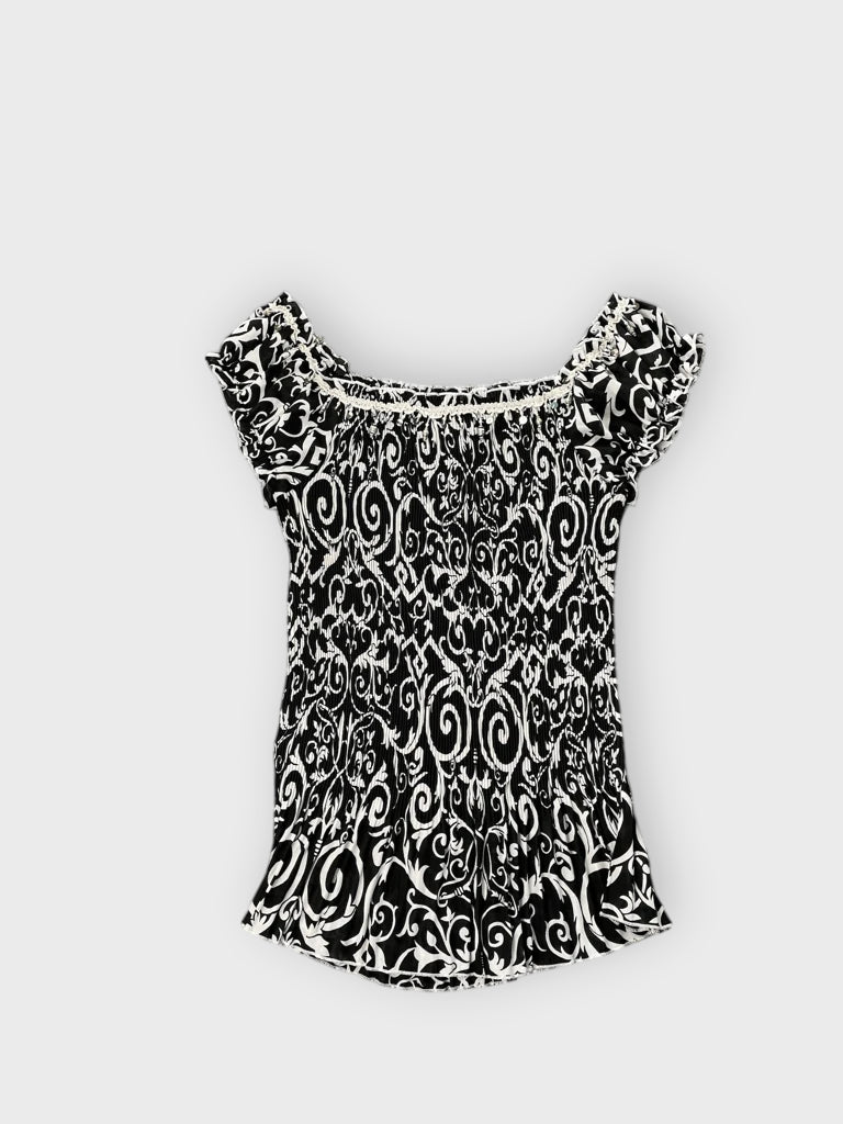 Black White Paisley Off-Shoulder Boho Top (S)