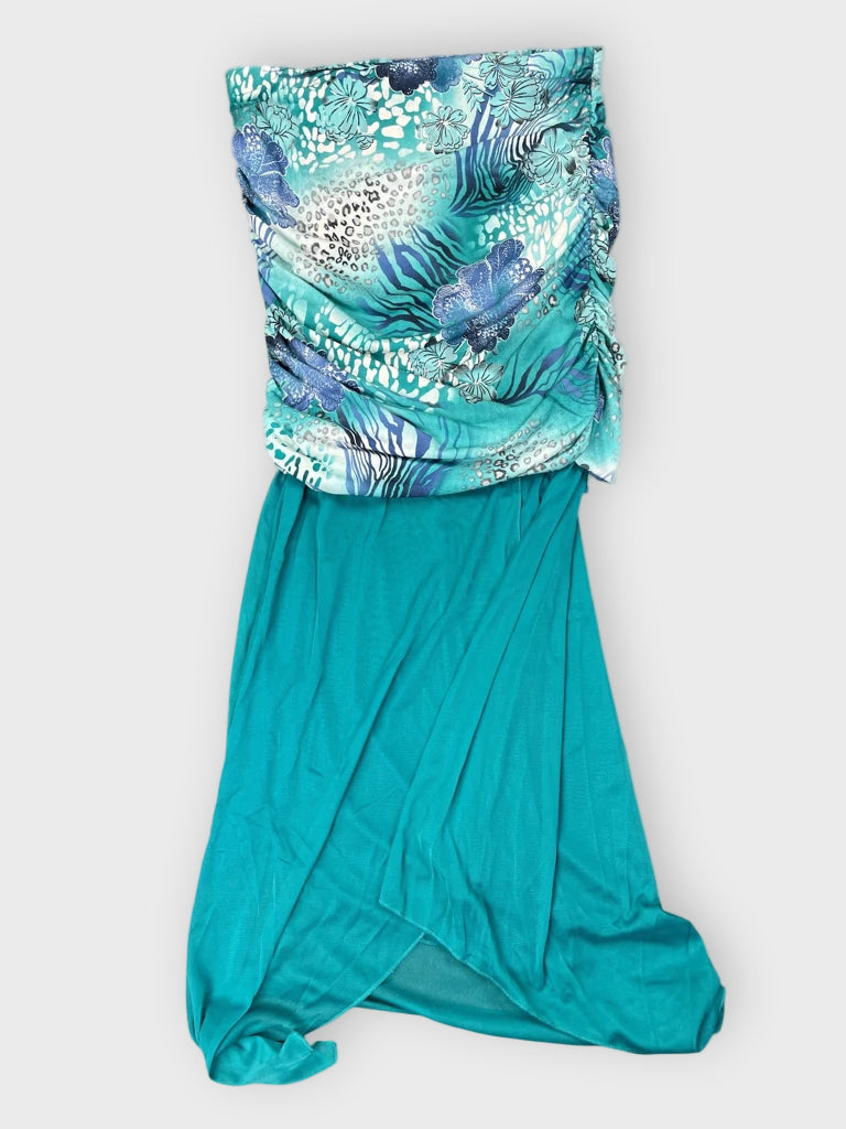 front view, Venus Turquoise Tropic Maxi Dress, vintage Y2K second hand piece