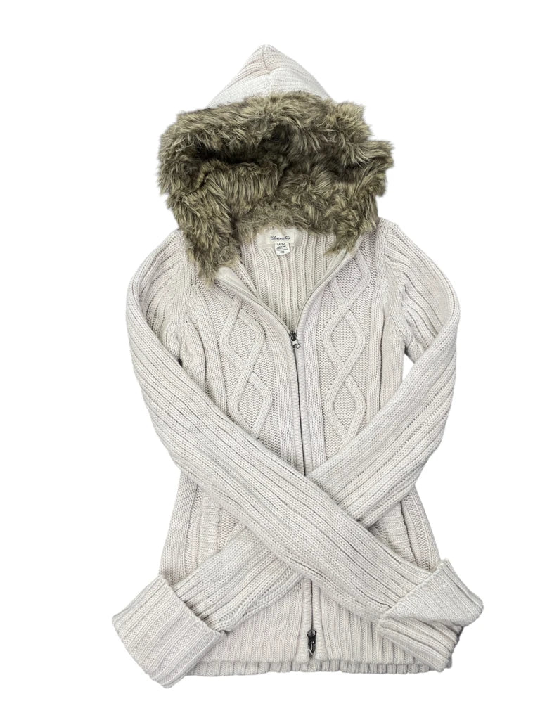 Beige Fur-Lined Hooded Cable Knit Zip Sweater (M)