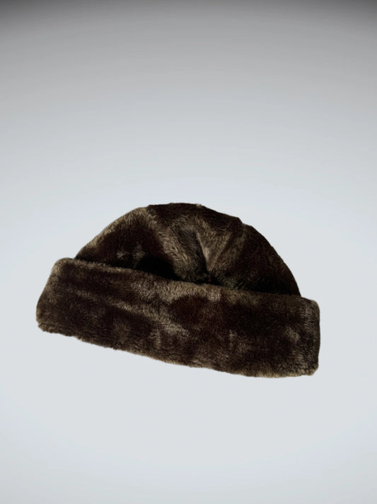 front view, Luxurious Dark Brown Faux Fur Beanie Hat (ONESIZE), vintage Y2K second hand piece