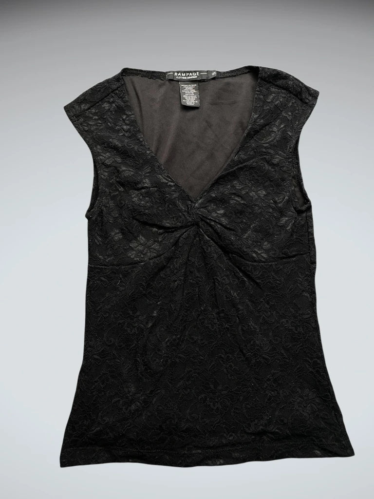 detail view, Rampage Clothless Company Black Lace V-Neck Top with Elegant Twist Detail, vintage Y2K second hand piece