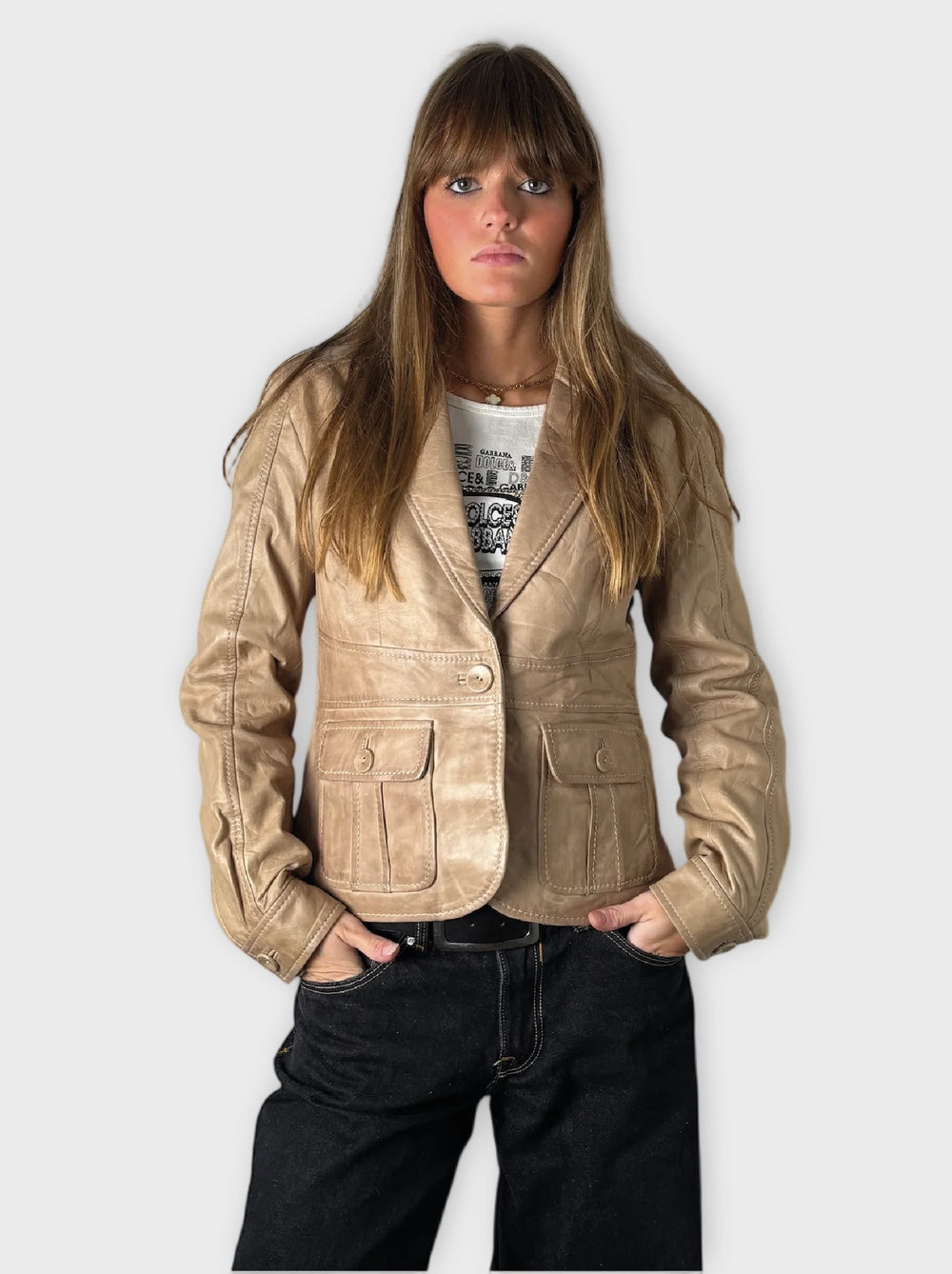 Selections Beige Genuine Leather Blazer Women (M)