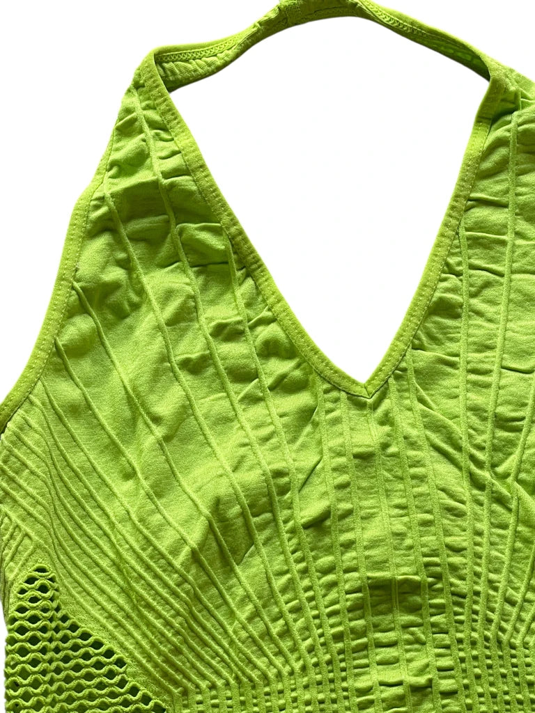 detail view, Fire Los Angeles Halterneck Mesh Top in Neon Lime, vintage Y2K second hand piece, image 4