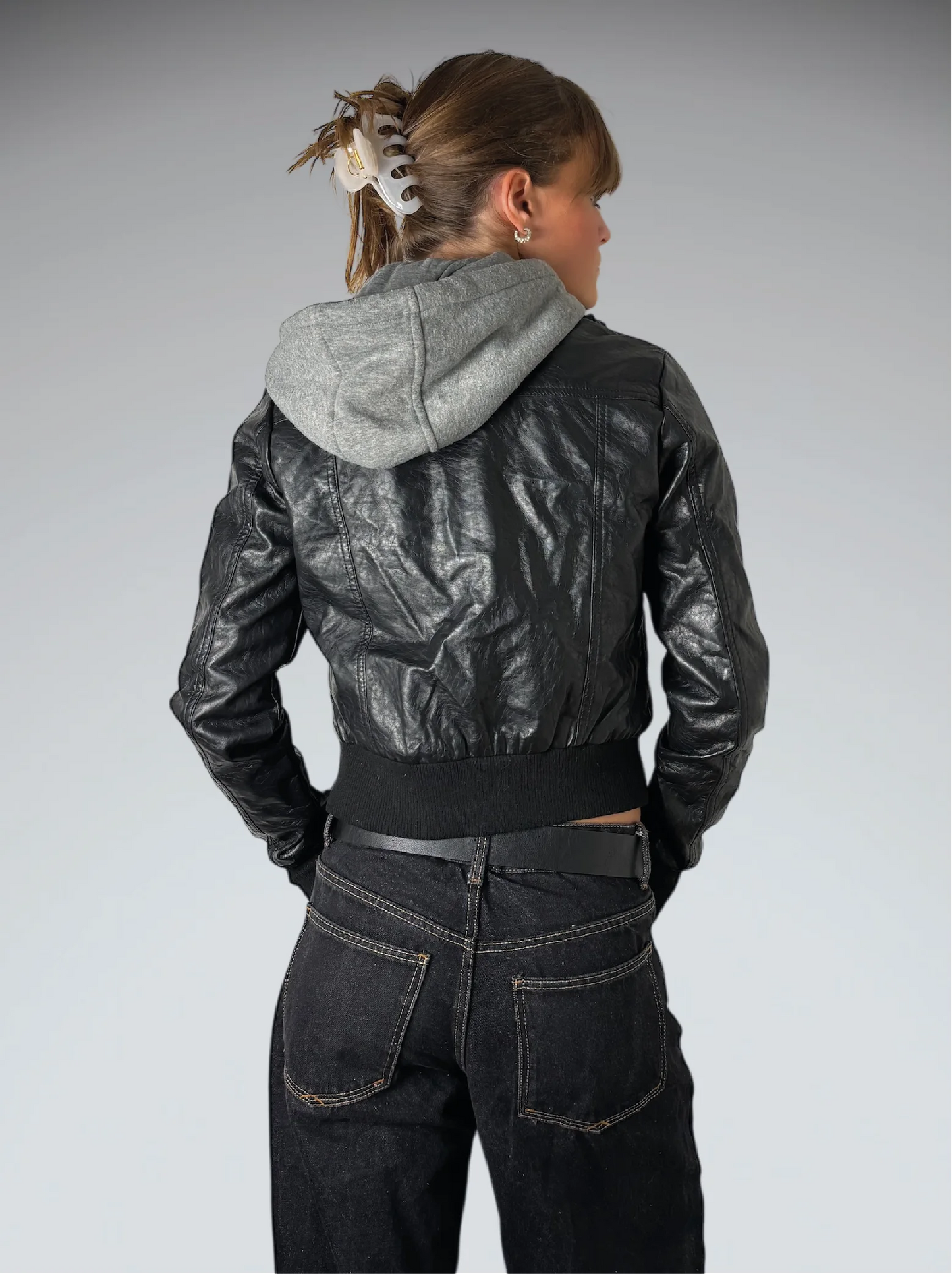 detail view, Maralyn & Me Black Faux Leather Hooded Jacket Women, vintage Y2K second hand piece, image 4