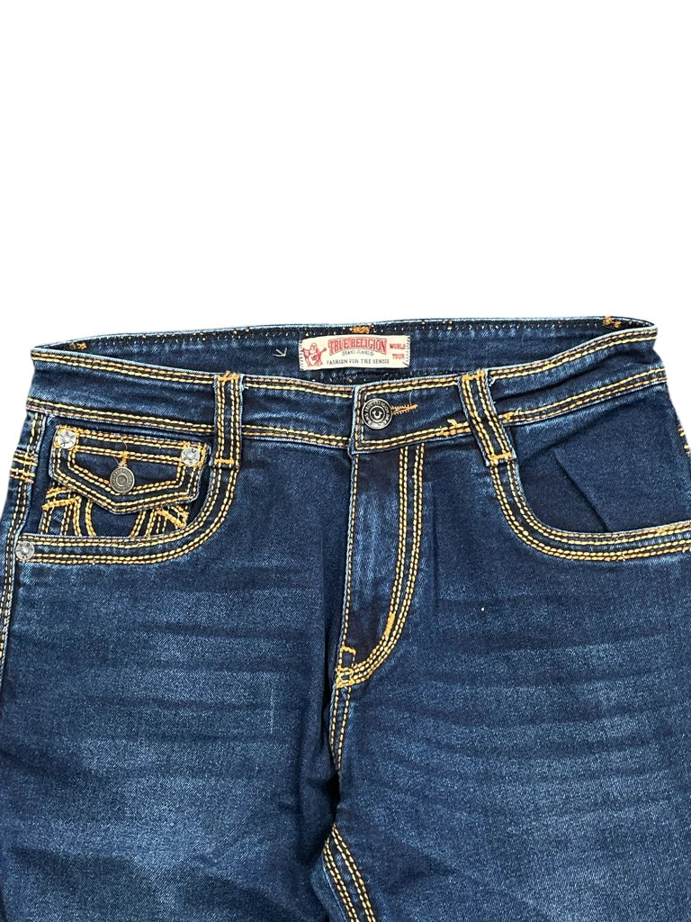 back view, True Religion Dark Blue Bootcut Jeans with Signature Stitching, vintage Y2K second hand piece