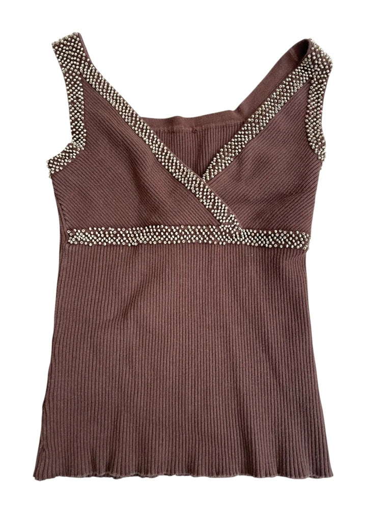 detail view, stud spell – ribbed knit top, vintage Y2K second hand piece