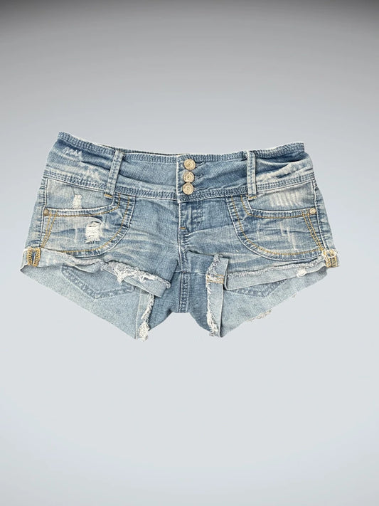 front view, Almost Famous Light Wash Distressed Denim Hotpants, vintage Y2K second hand piece