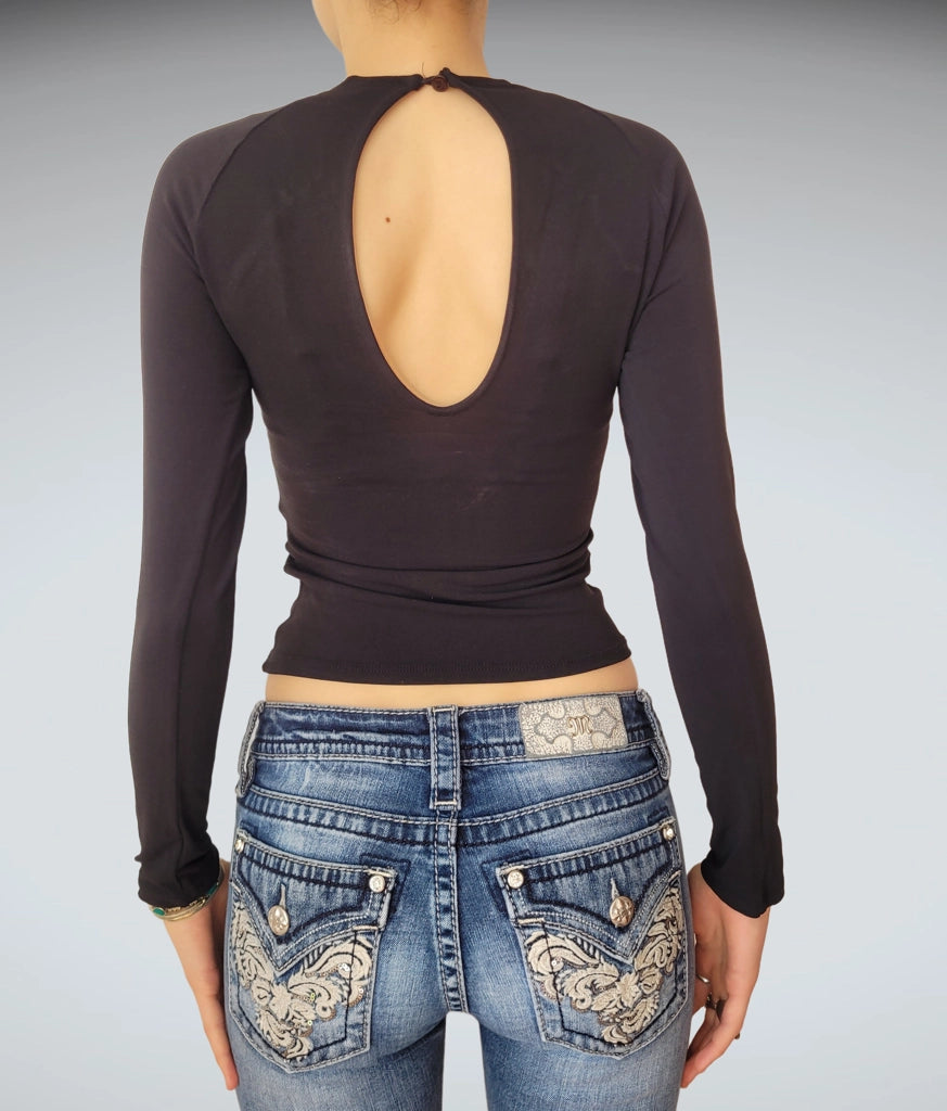 back view, Sportstaff Black Ribbed Lace-Up Longsleeve Shirt Goth Grunge Vintage, vintage Y2K second hand piece