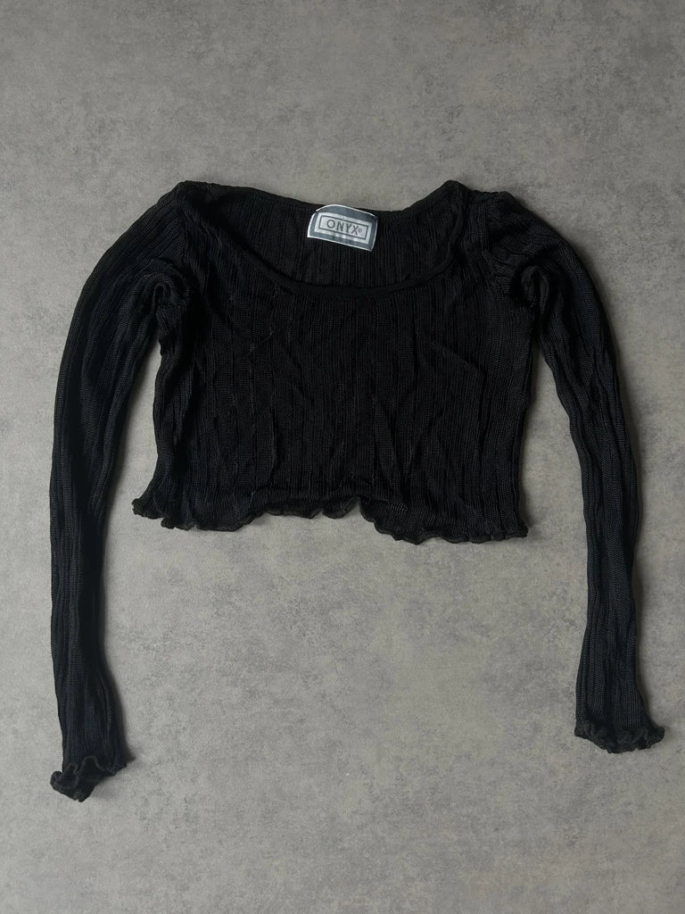 detail view, Onyx Y2K Black Sheer Sleeve Top, vintage Y2K second hand piece, image 6