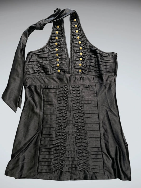 front view, Niki Biki Black Military-Inspired Halter Dress Top with Gold Button Detail, vintage Y2K second hand piece