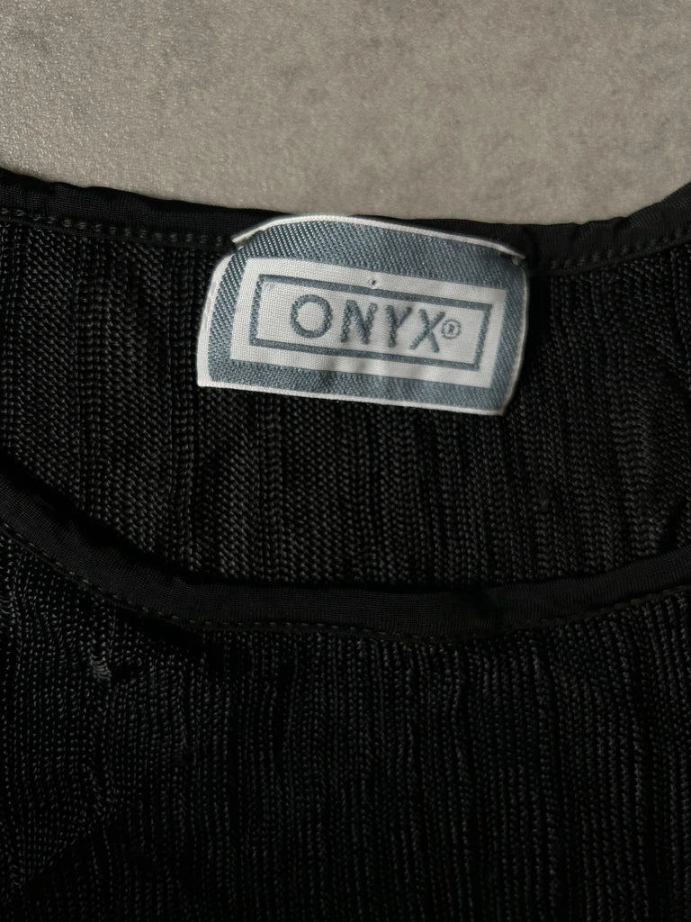 detail view, Onyx Y2K Black Sheer Sleeve Top, vintage Y2K second hand piece