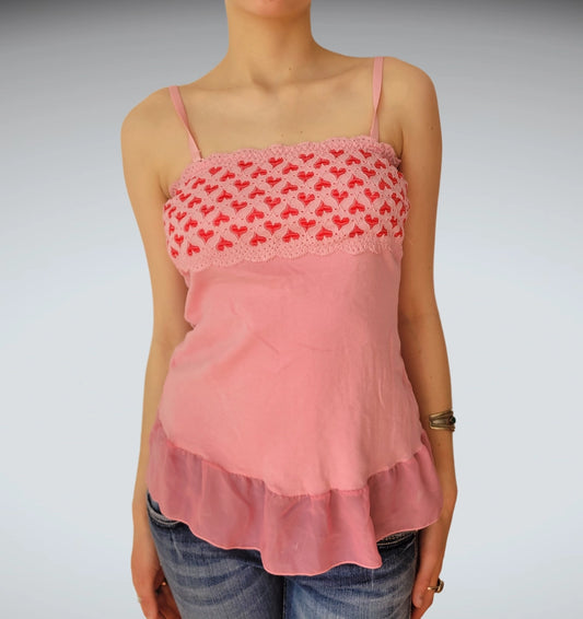 front view, Pink Lace Trim Peplum Camisole, vintage Y2K second hand piece