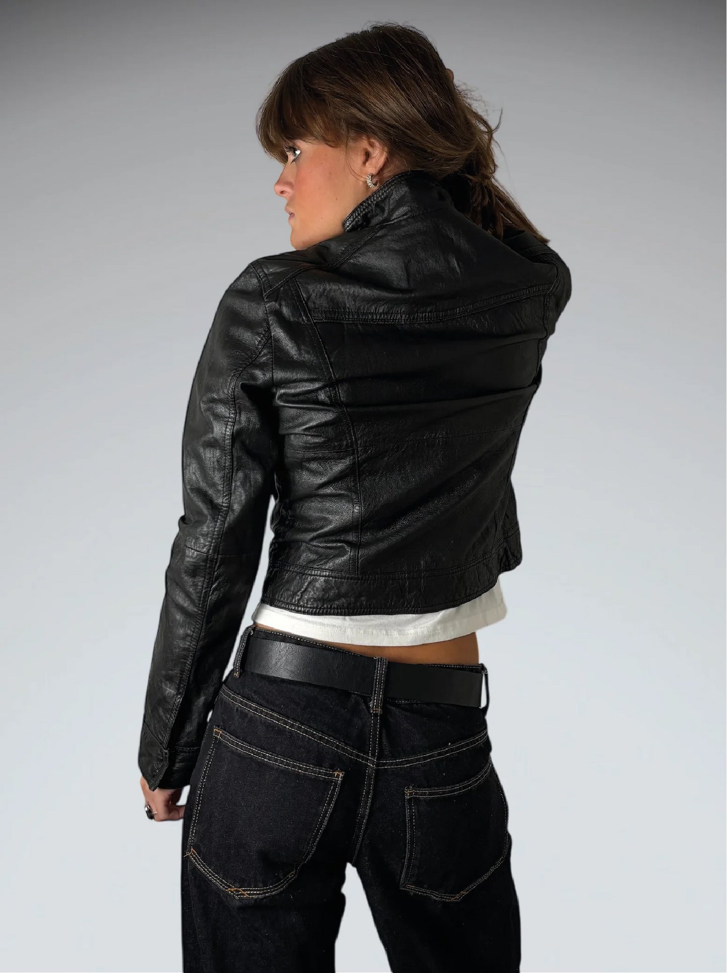 back view, Just Jeans Black Vintage Leather Jacket, vintage Y2K second hand piece